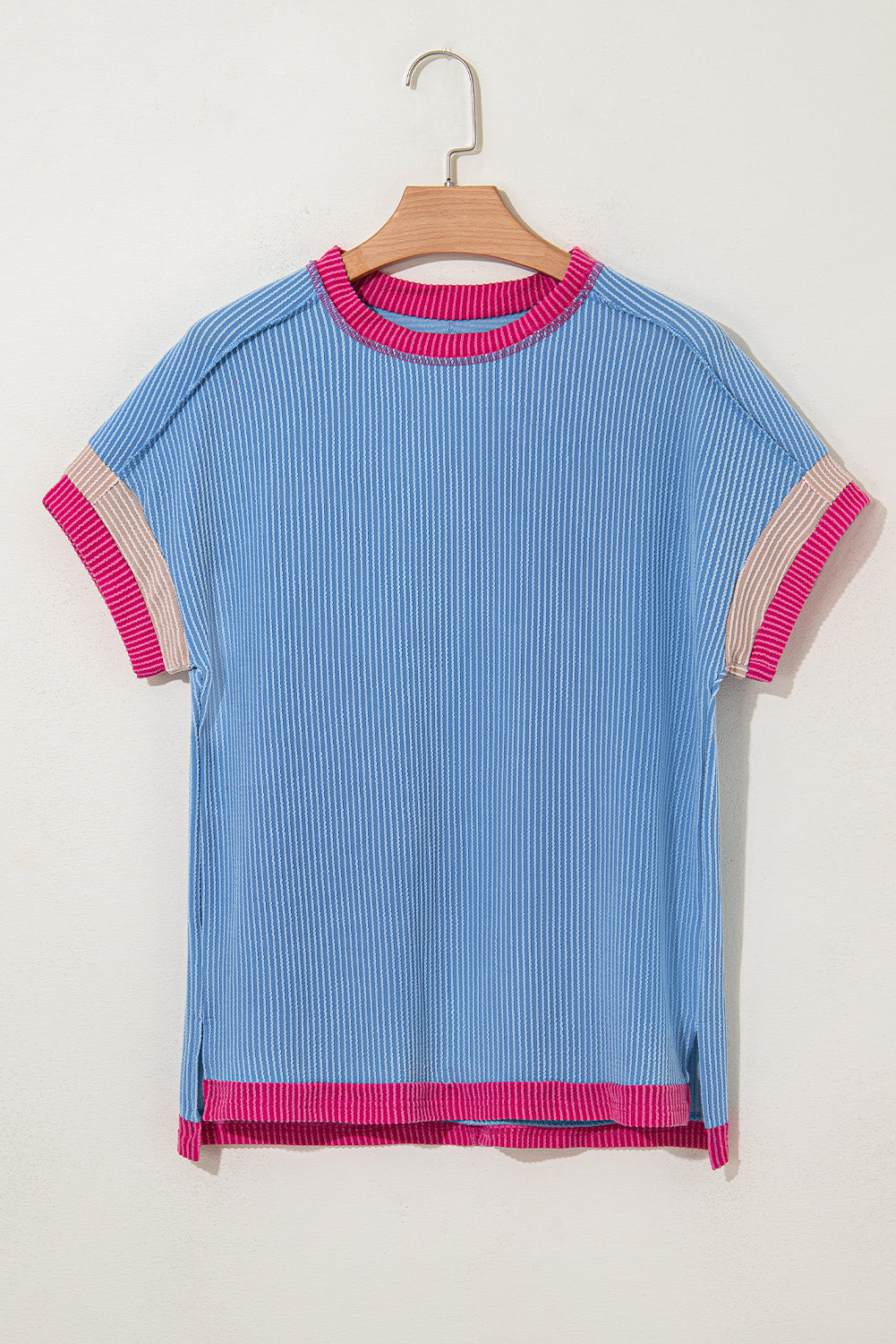 Rose Red Textured Colorblock Round Neck T Shirt