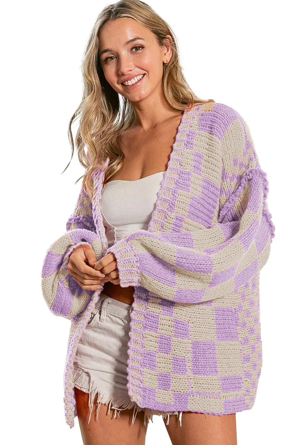 Taupe Colorblock Checked Open Front Knitted Cardigan