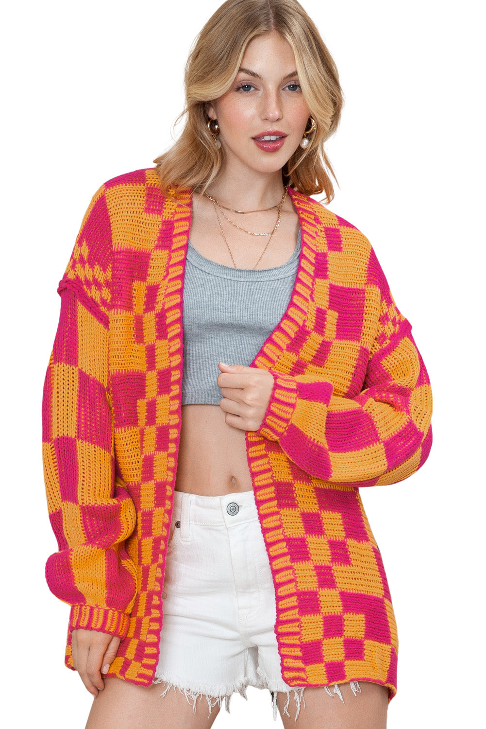 Taupe Colorblock Checked Open Front Knitted Cardigan