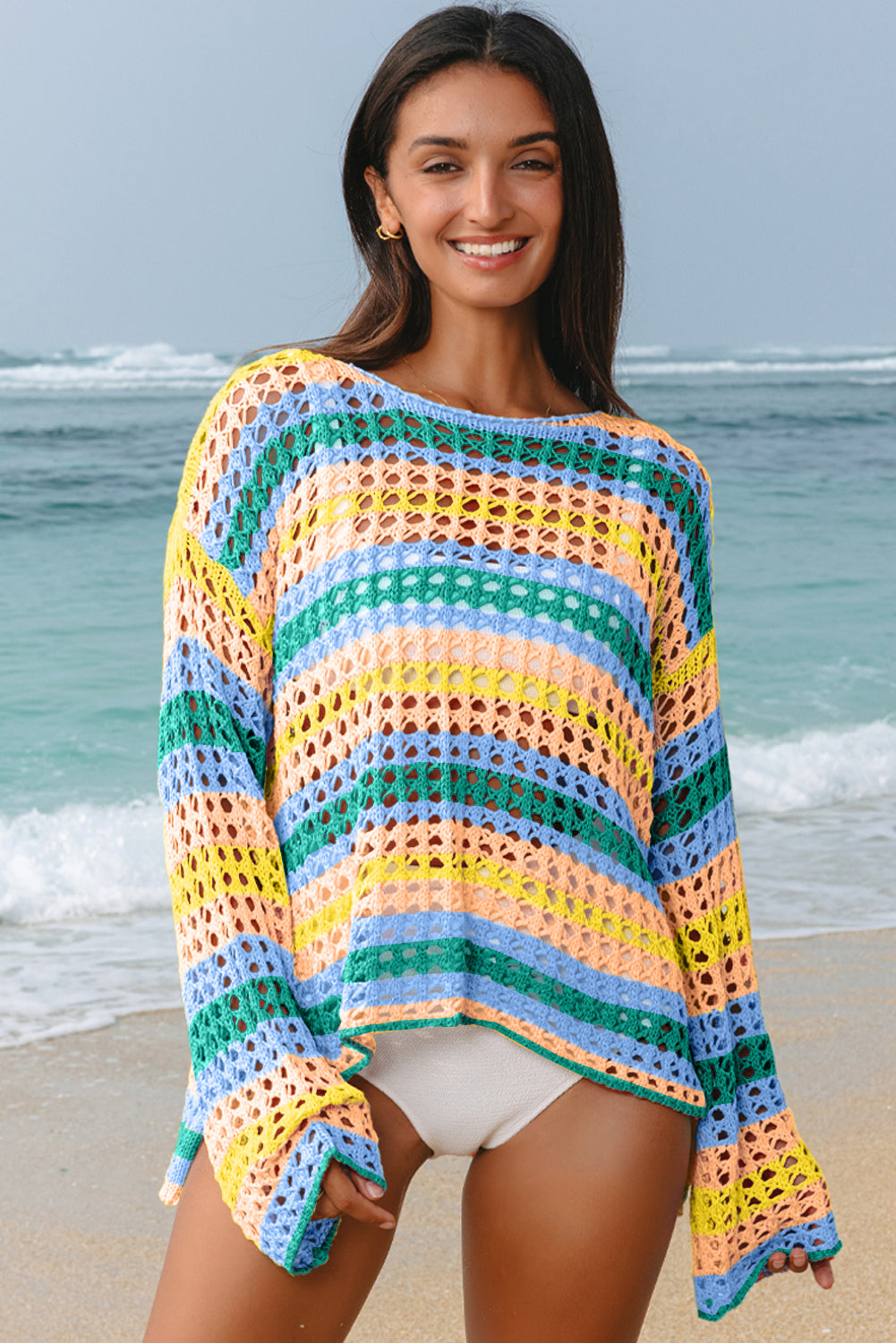 Carrot Striped Hollow Knit Summer Beach Cover Up
