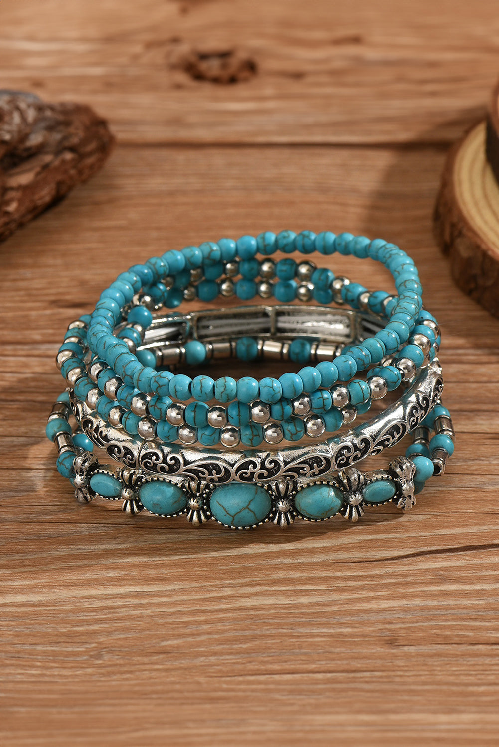 Silvery Boho Turquoise Beaded Bracelet Set