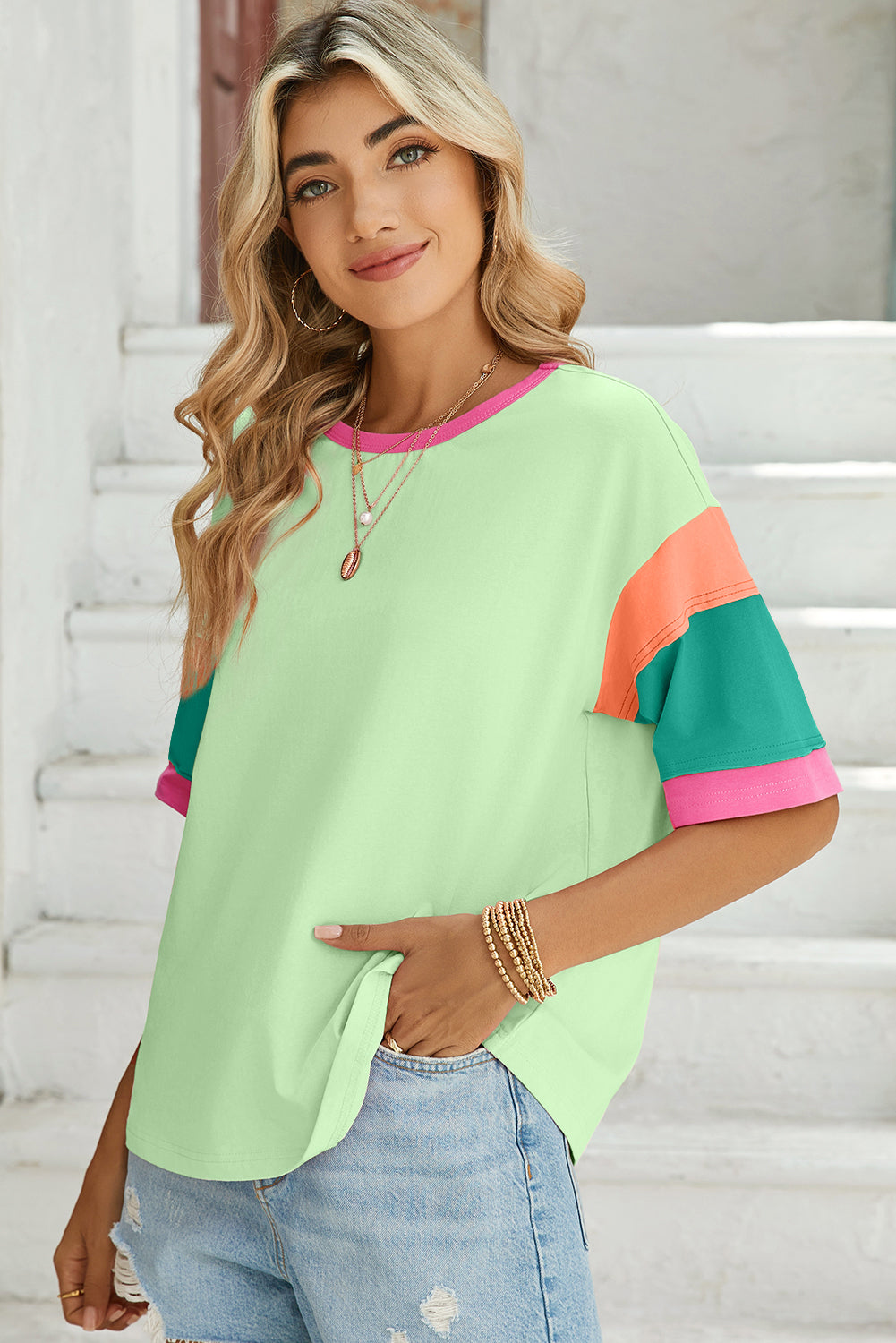 Light Blue Color Block Sleeve Round Neck Oversize Top