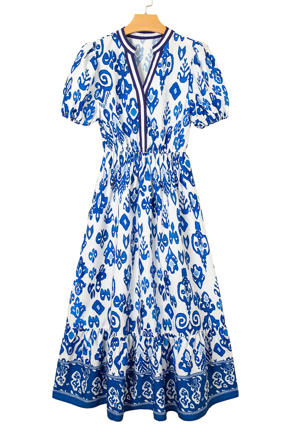 Sky Blue Floral Ruffle Hem Pop of Color Neckline Dress