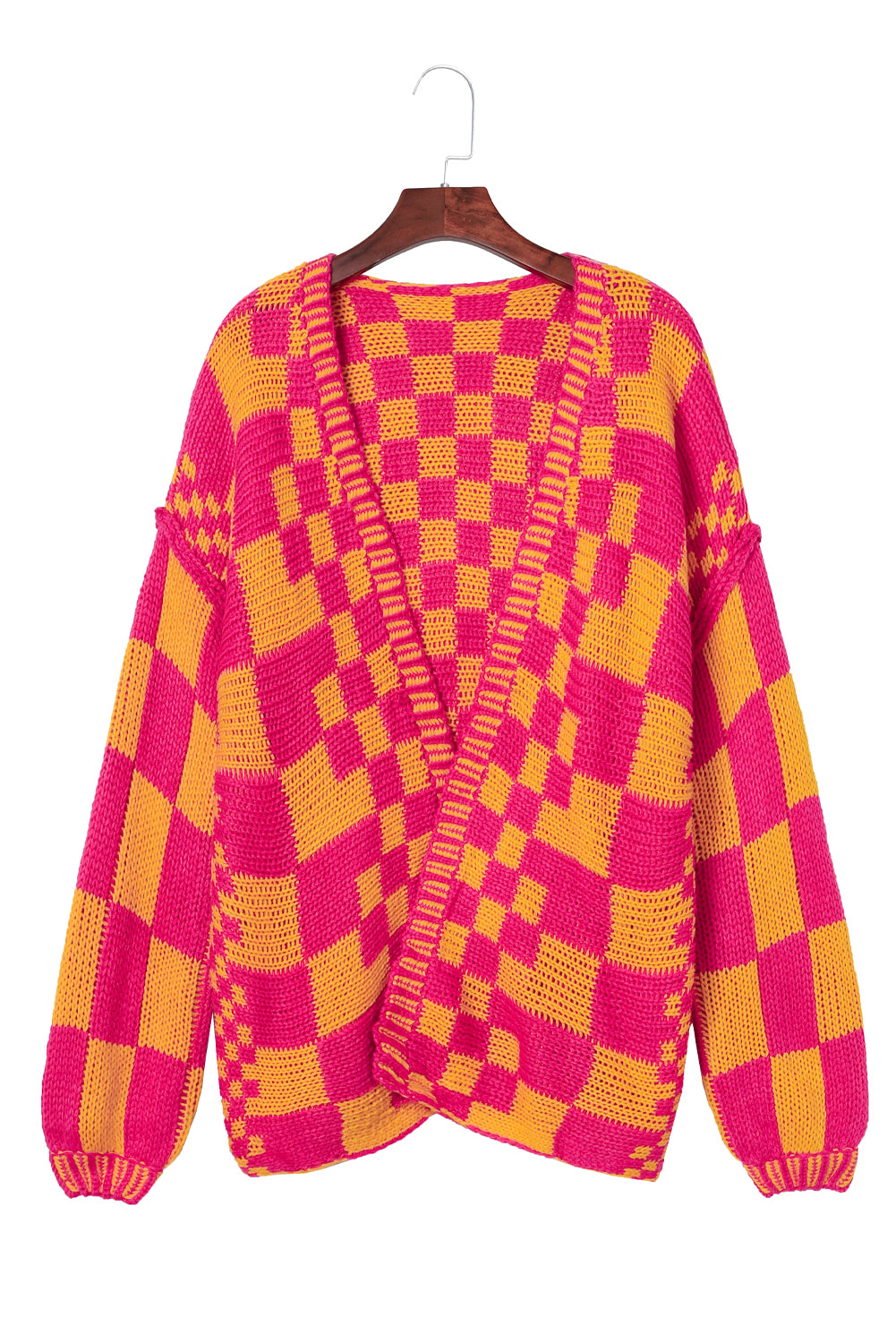 Taupe Colorblock Checked Open Front Knitted Cardigan