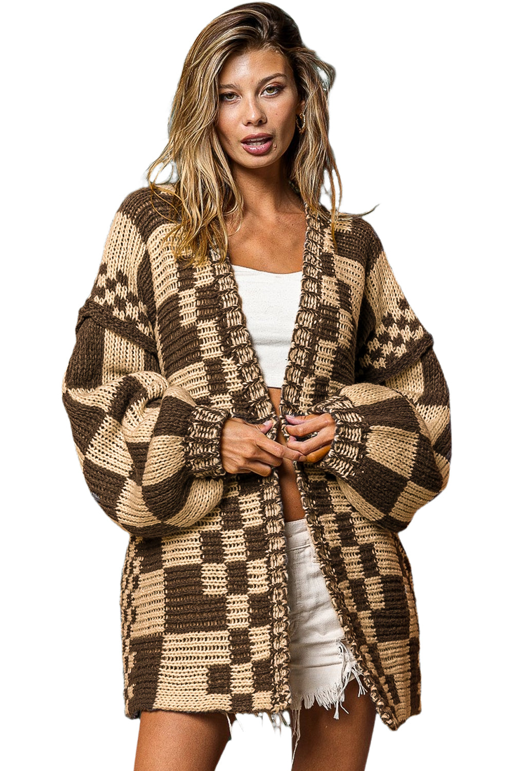 Taupe Colorblock Checked Open Front Knitted Cardigan
