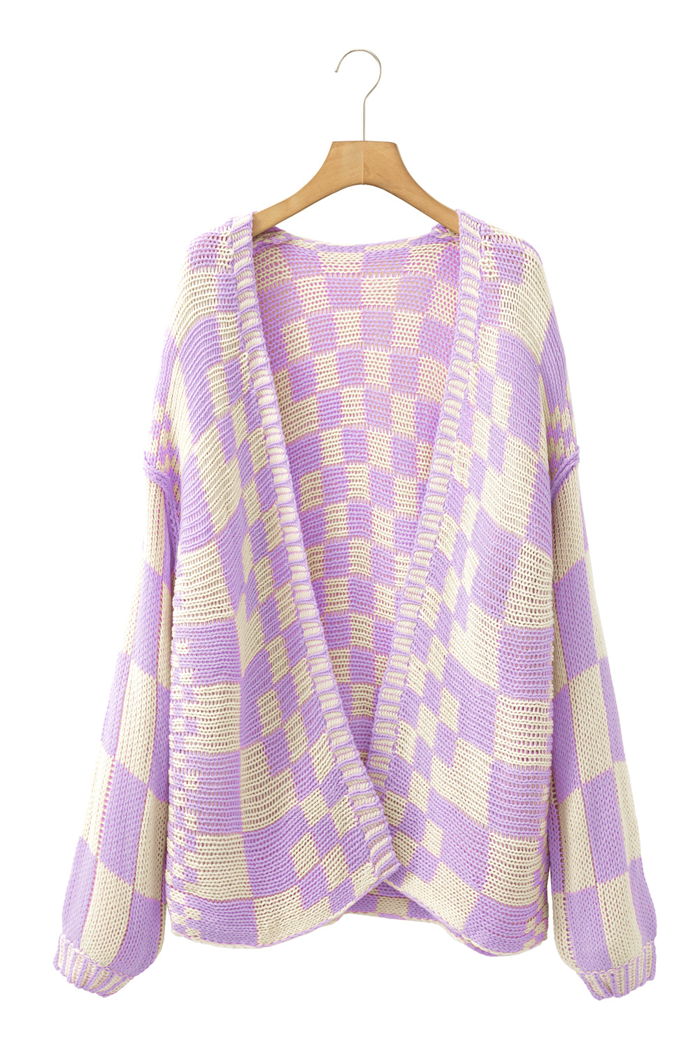 Taupe Colorblock Checked Open Front Knitted Cardigan