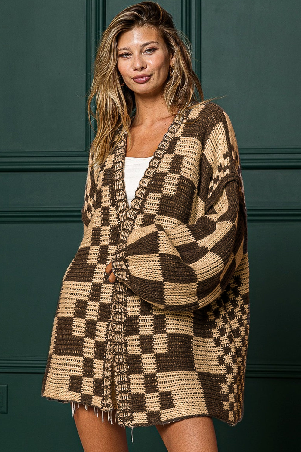 Taupe Colorblock Checked Open Front Knitted Cardigan