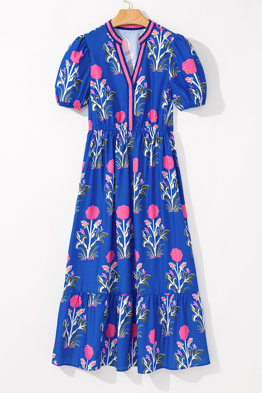 Sky Blue Floral Ruffle Hem Pop of Color Neckline Dress