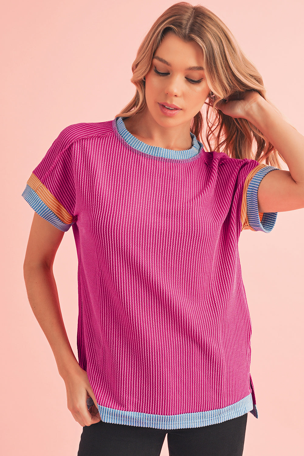 Rose Red Textured Colorblock Round Neck T Shirt