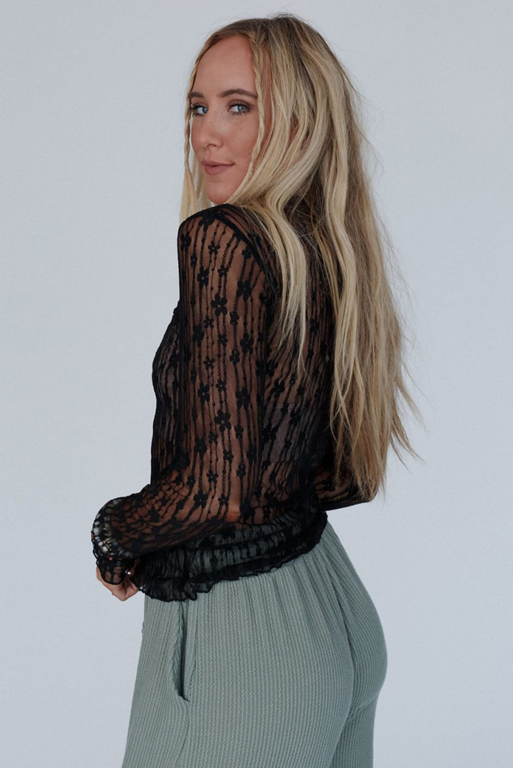 White Sheer Floral Lace Long Sleeve Slim Fit Top