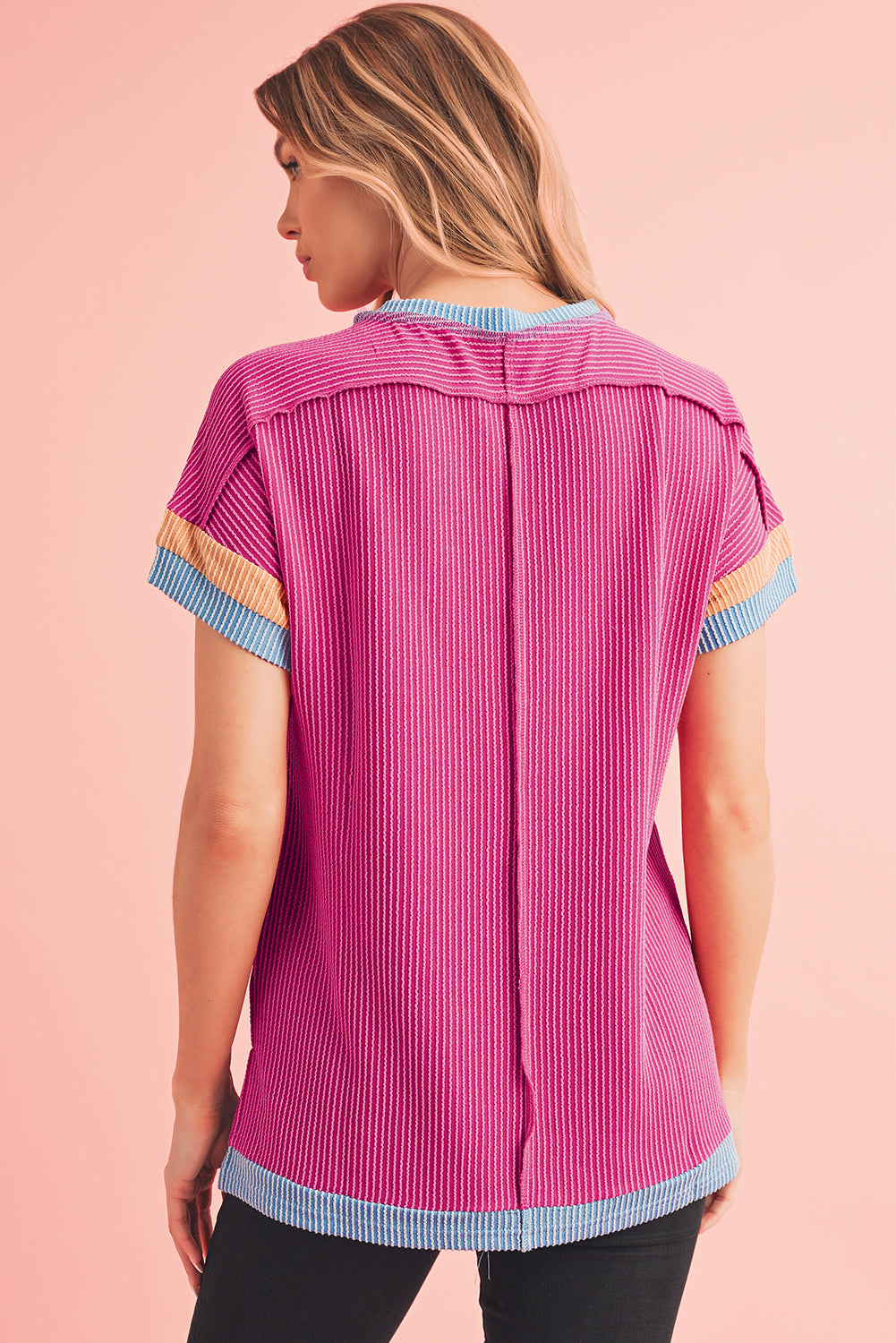 Rose Red Textured Colorblock Round Neck T Shirt