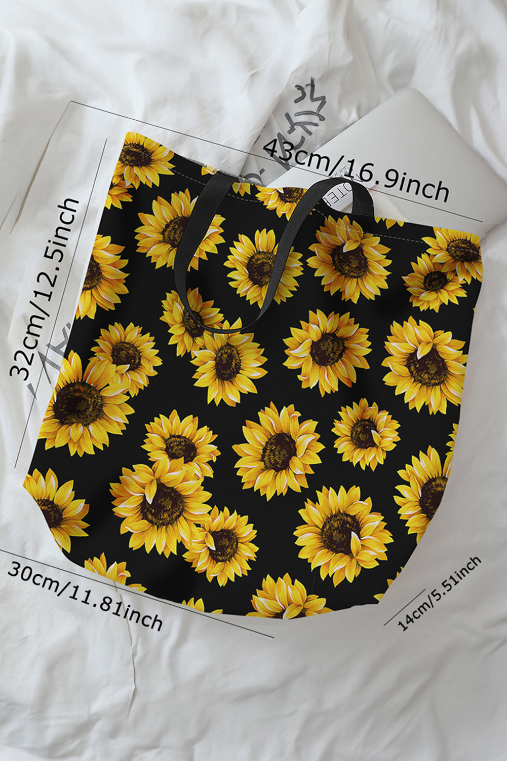 Black Sunflower Print Canvas Tote Bag
