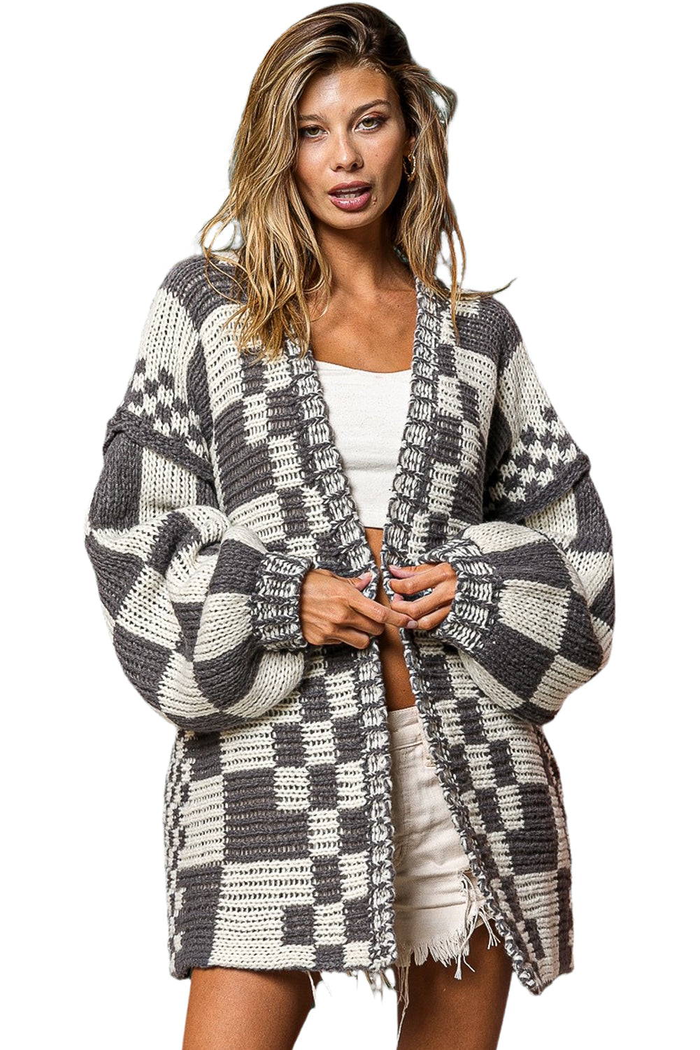 Taupe Colorblock Checked Open Front Knitted Cardigan