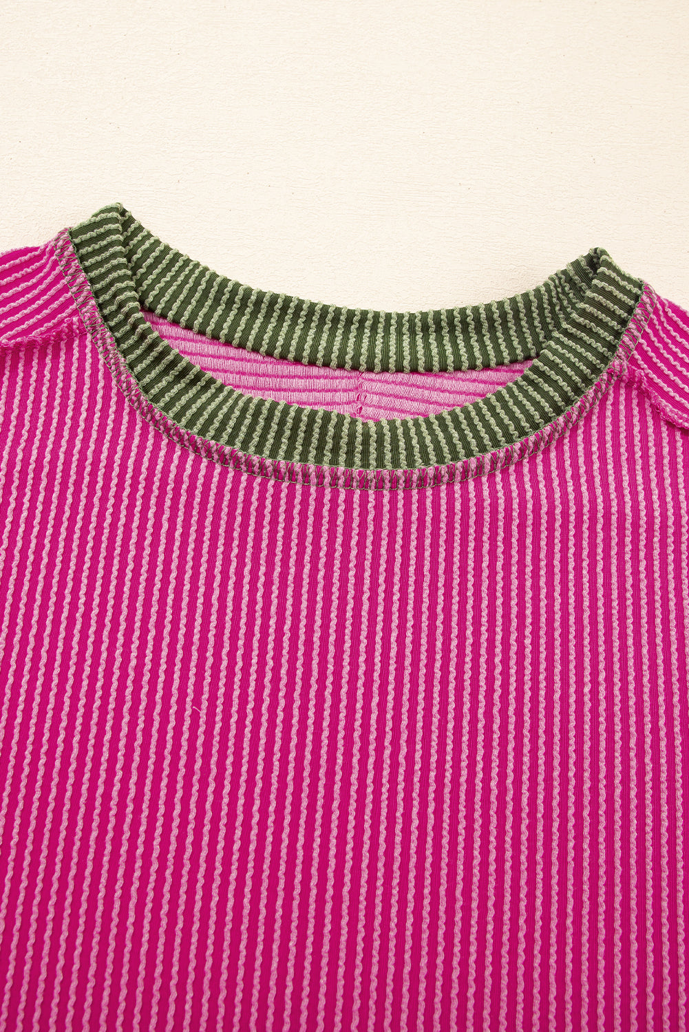 Rose Red Textured Colorblock Round Neck T Shirt
