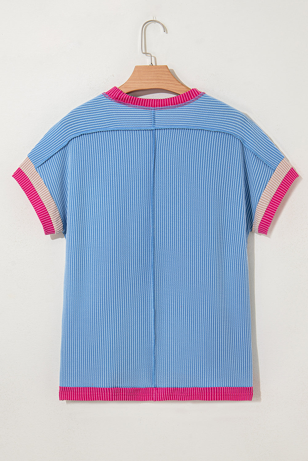 Rose Red Textured Colorblock Round Neck T Shirt