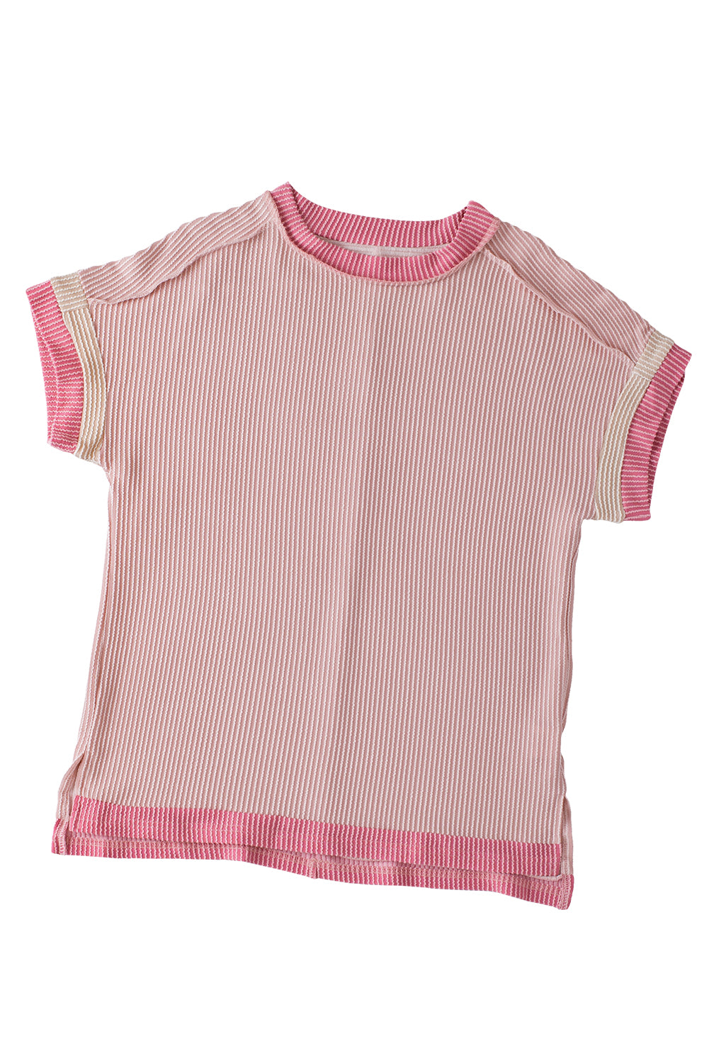 Rose Red Textured Colorblock Round Neck T Shirt