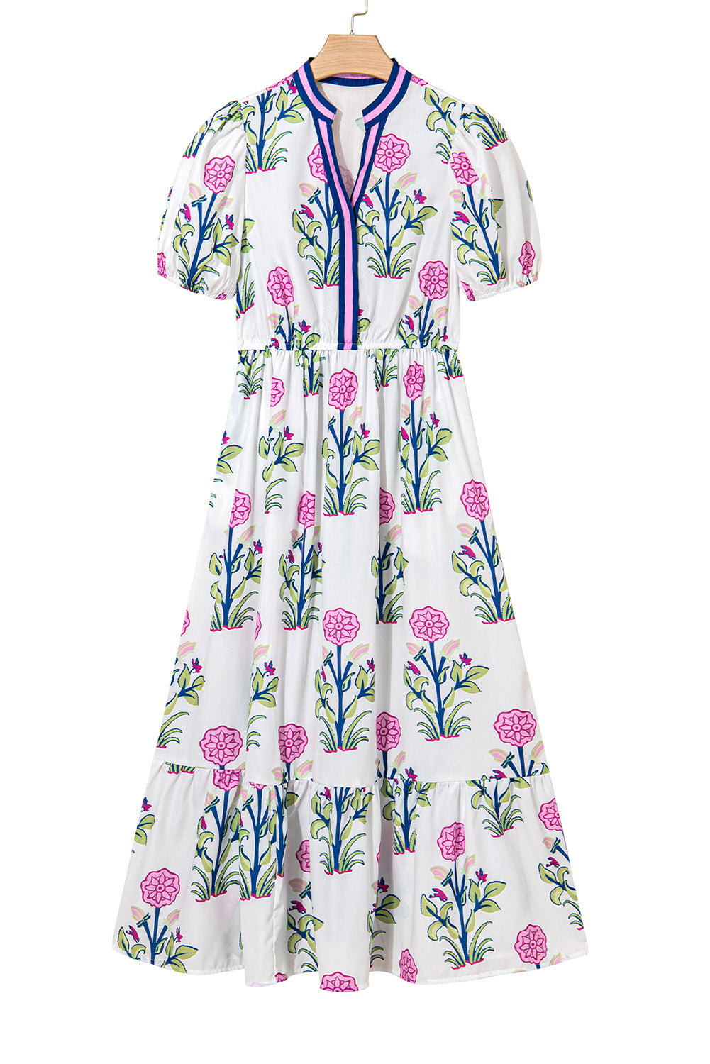 Sky Blue Floral Ruffle Hem Pop of Color Neckline Dress