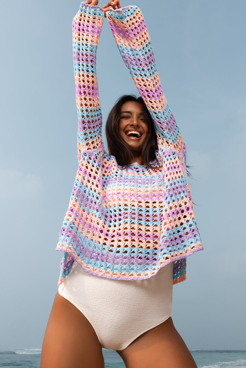 Carrot Striped Hollow Knit Summer Beach Cover Up