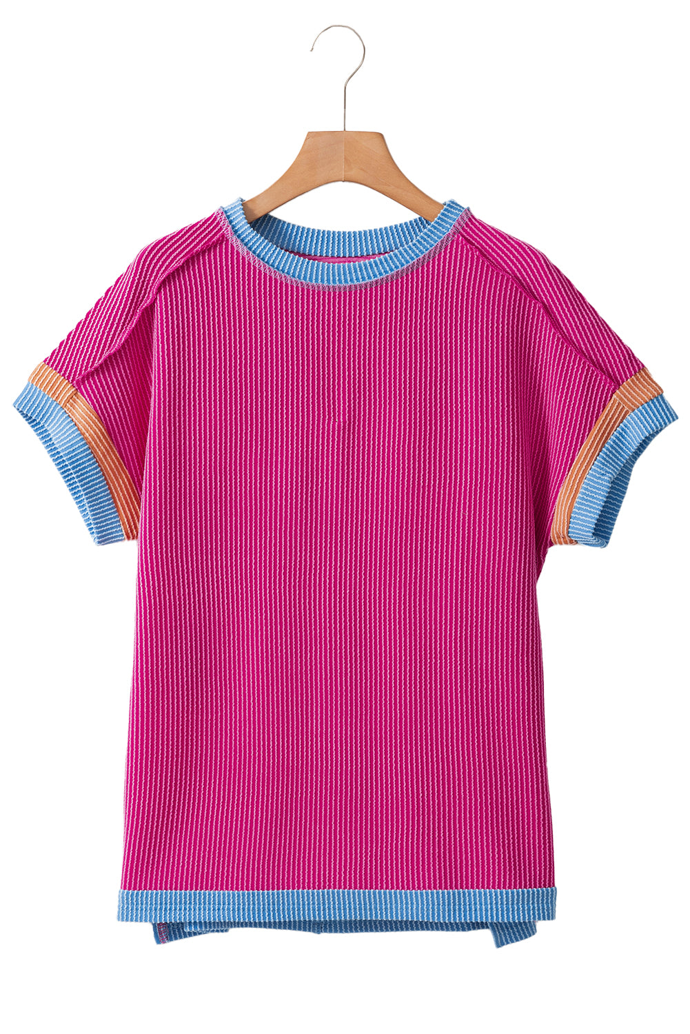 Rose Red Textured Colorblock Round Neck T Shirt