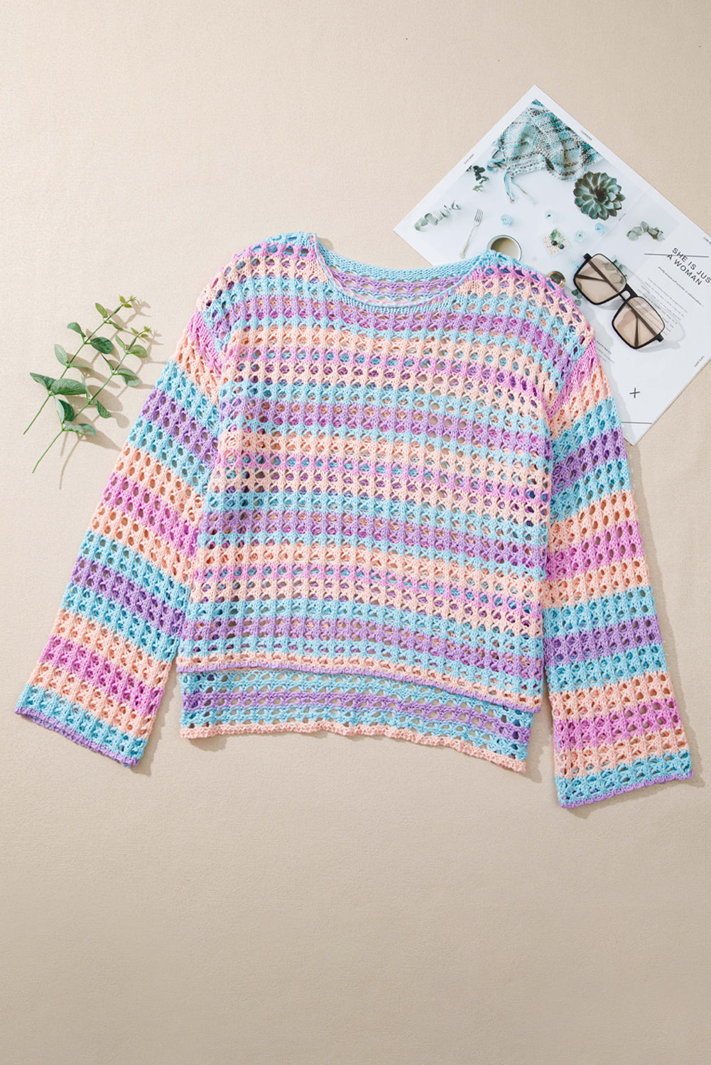 Carrot Striped Hollow Knit Summer Beach Cover Up