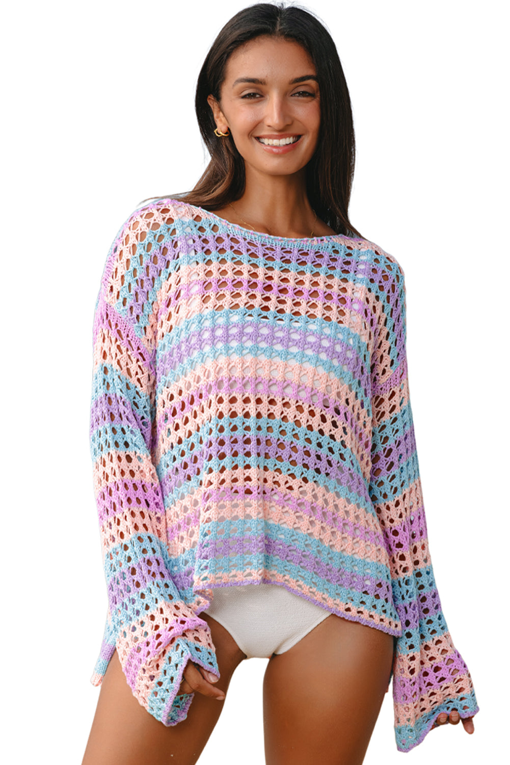 Carrot Striped Hollow Knit Summer Beach Cover Up