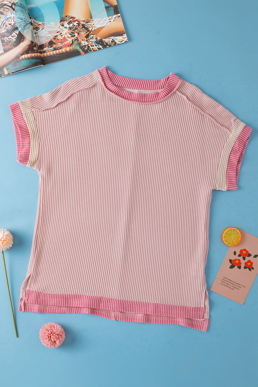 Rose Red Textured Colorblock Round Neck T Shirt