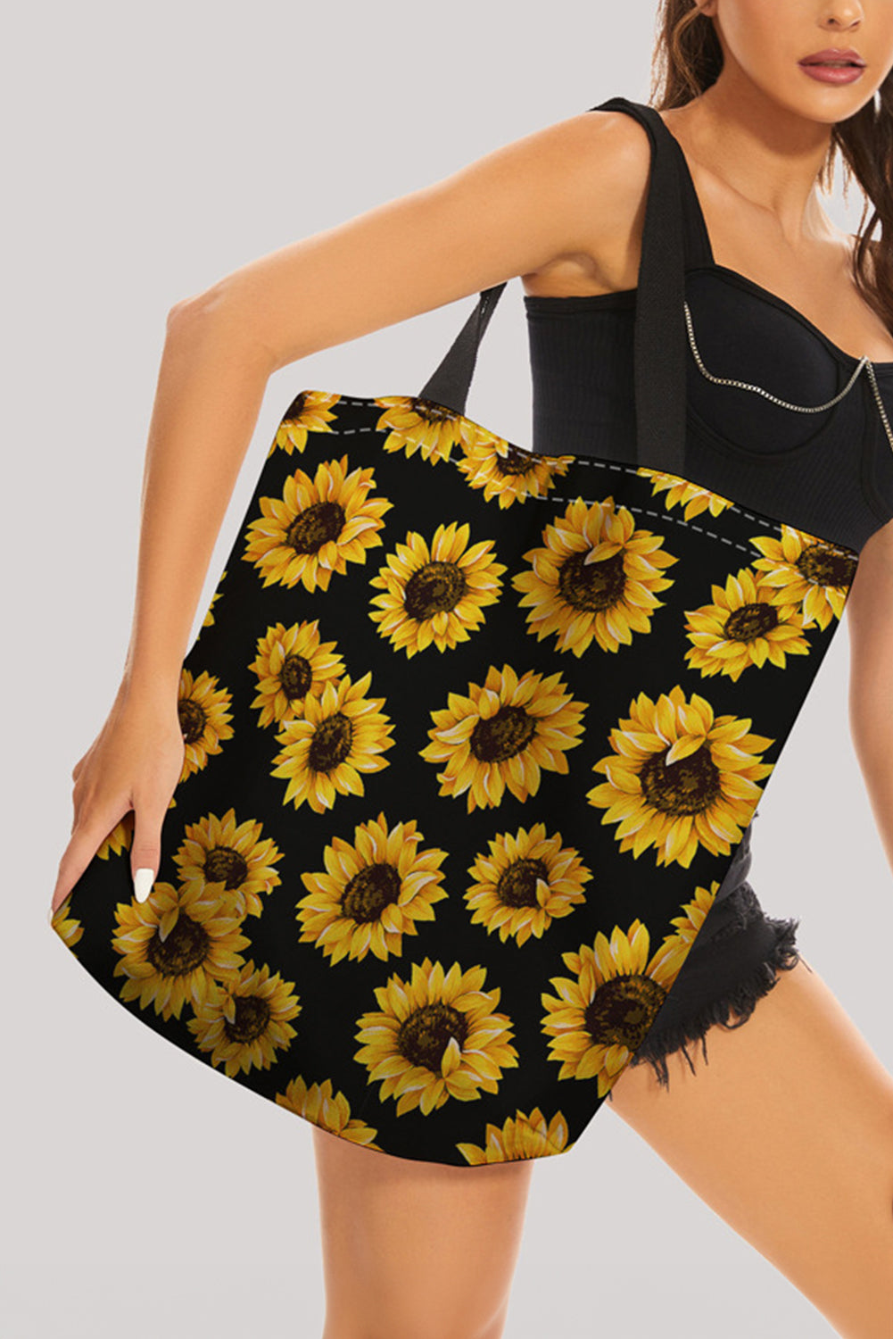 Black Sunflower Print Canvas Tote Bag