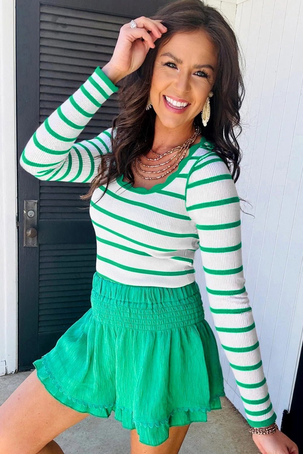 Bright Green Scalloped Edge Striped Long Sleeve Sweater