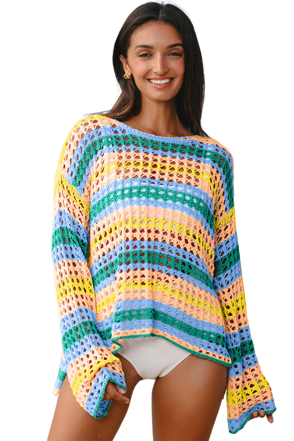 Carrot Striped Hollow Knit Summer Beach Cover Up