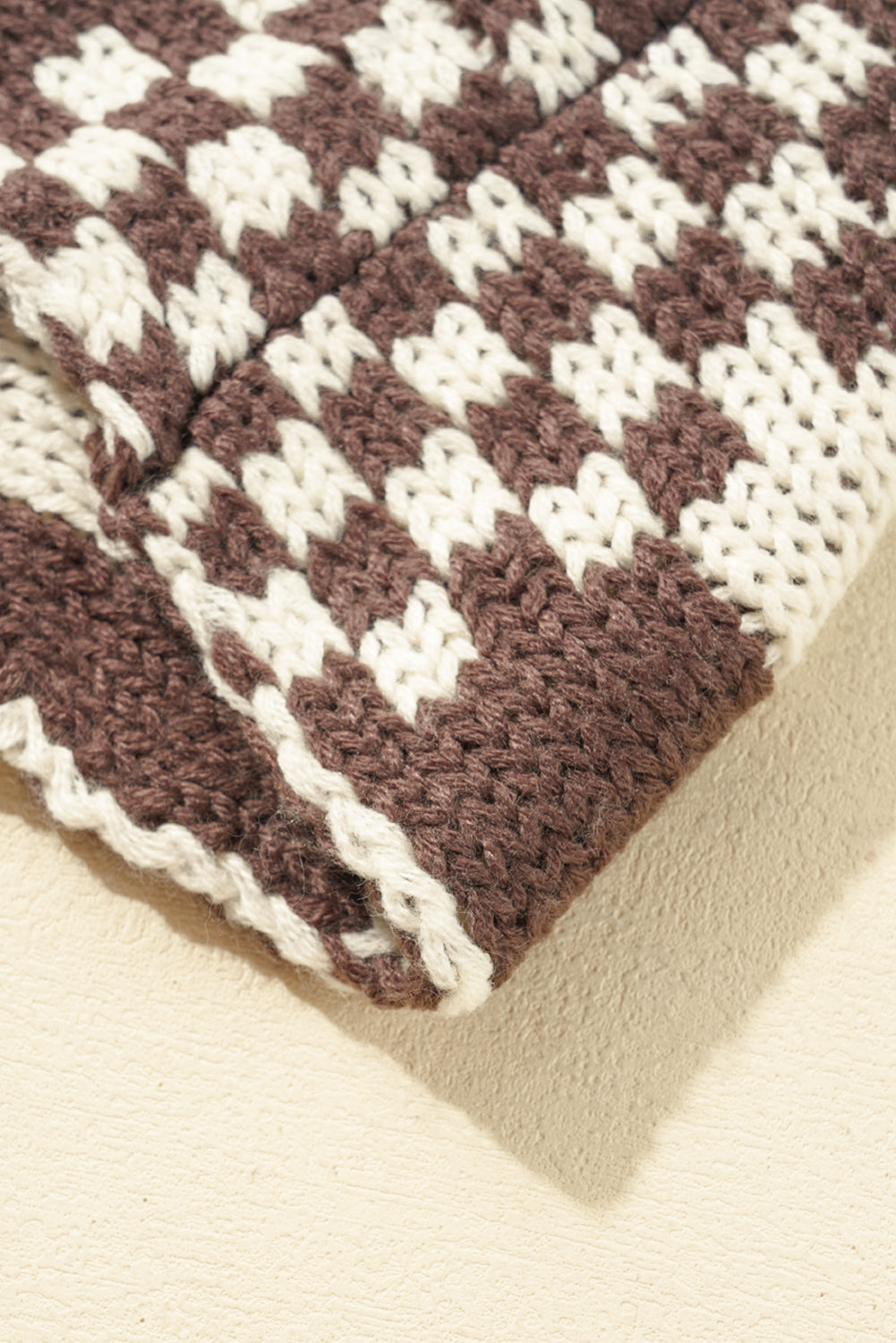 Taupe Colorblock Checked Open Front Knitted Cardigan