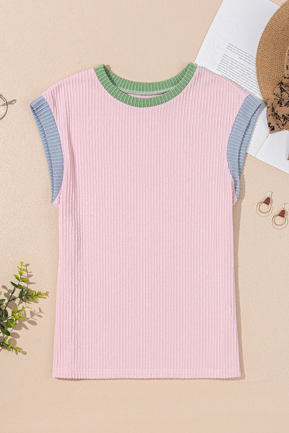 White Colorblock Corded Crew Neck Tee