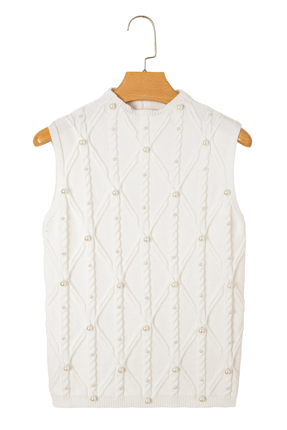 White Pearl High Neck Textured Knit Sweater Vest