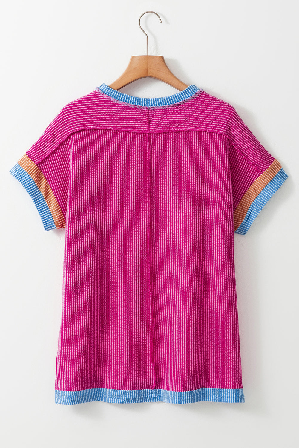 Rose Red Textured Colorblock Round Neck T Shirt