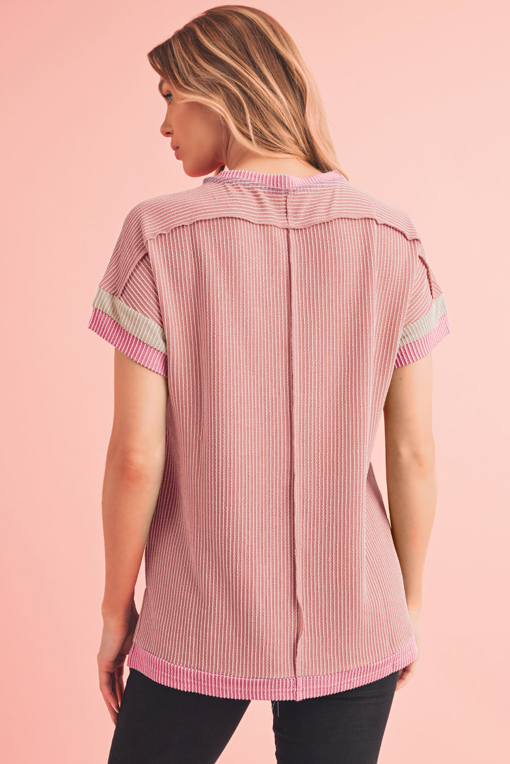 Rose Red Textured Colorblock Round Neck T Shirt