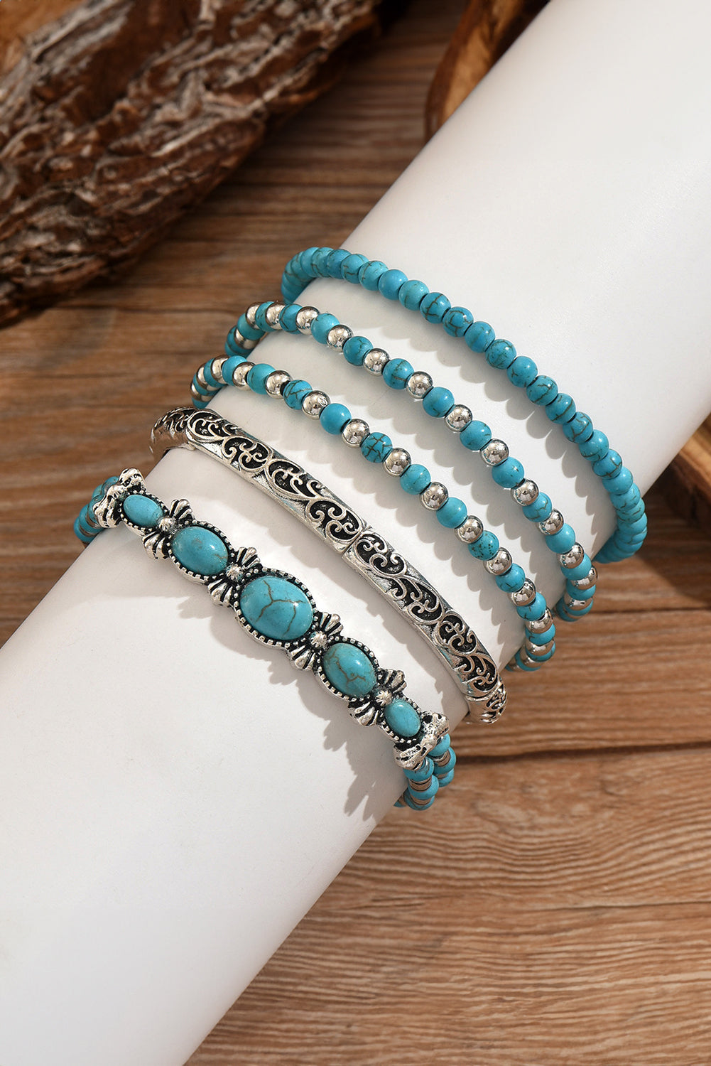 Silvery Boho Turquoise Beaded Bracelet Set