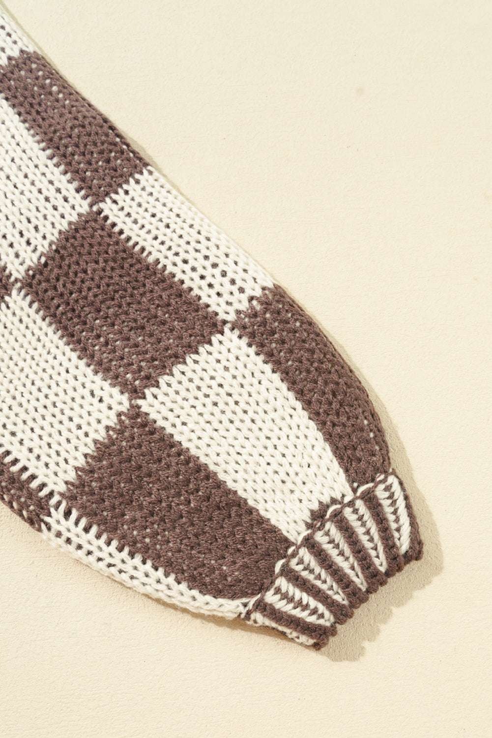 Taupe Colorblock Checked Open Front Knitted Cardigan