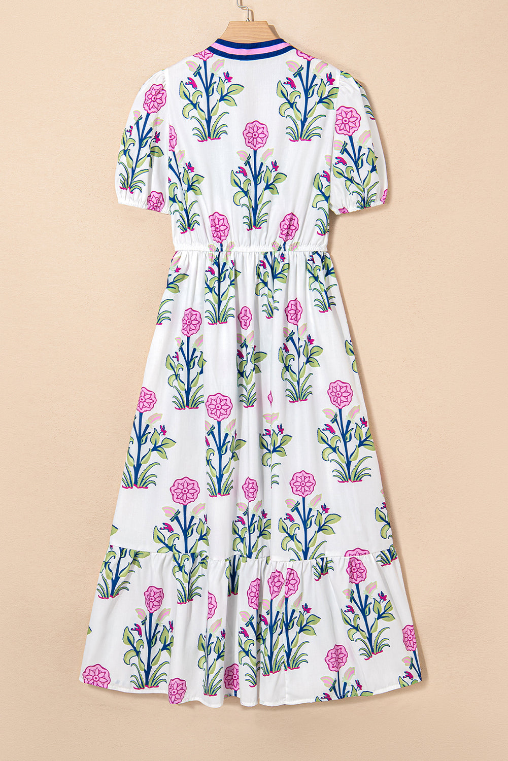 Sky Blue Floral Ruffle Hem Pop of Color Neckline Dress