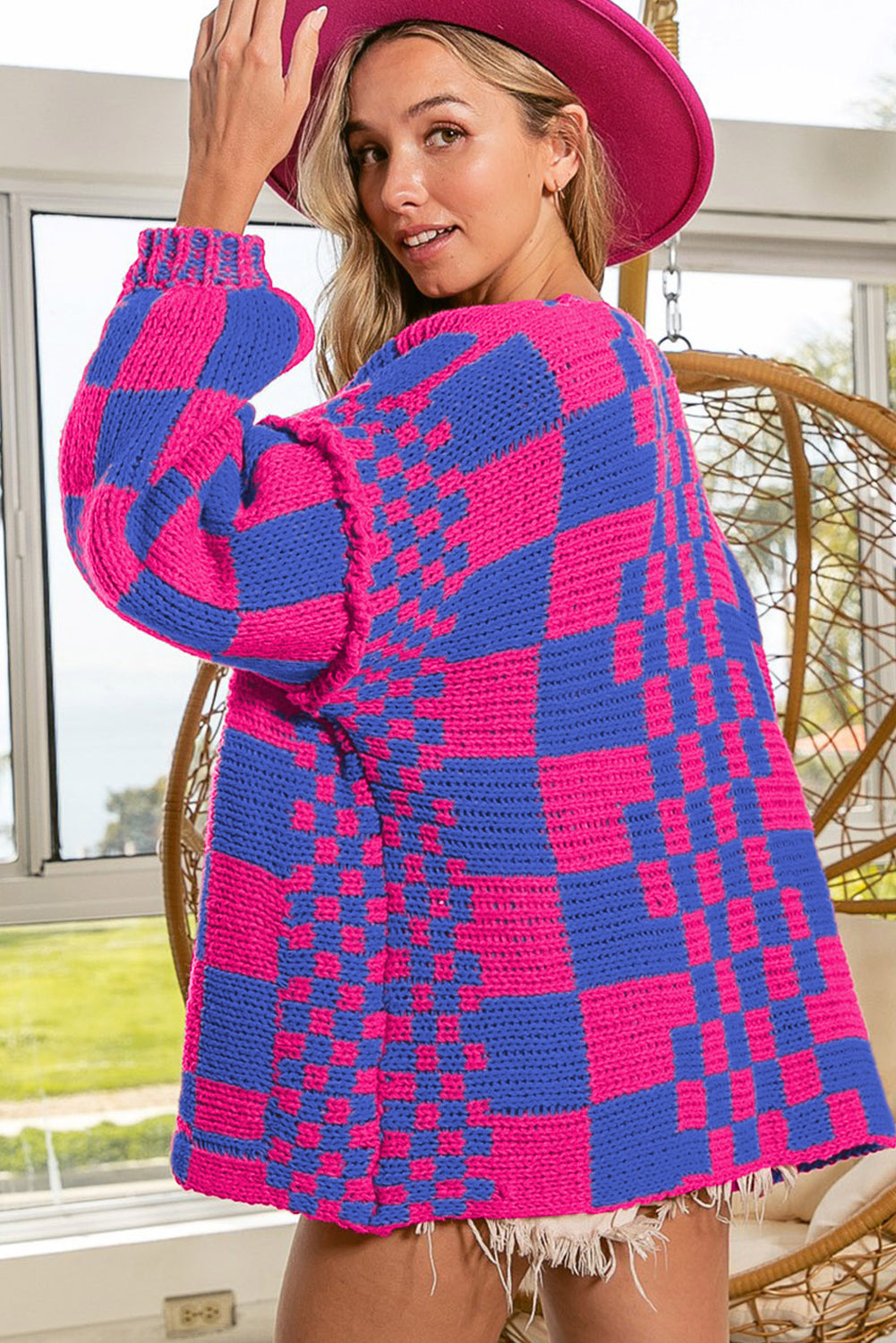 Taupe Colorblock Checked Open Front Knitted Cardigan