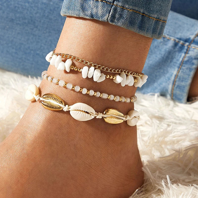 Boho Handmade Shell Seed Beads Anklet Set