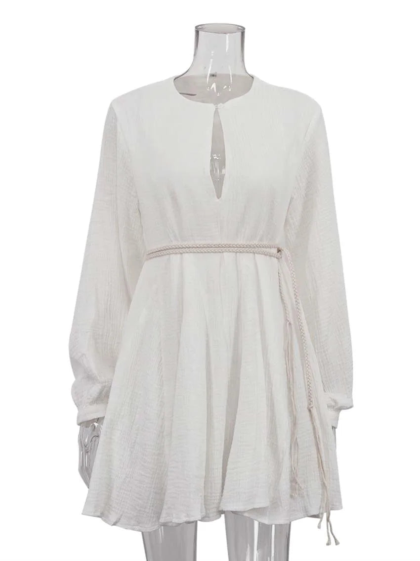 V-Neck Long Sleeve Lace-Up Dress