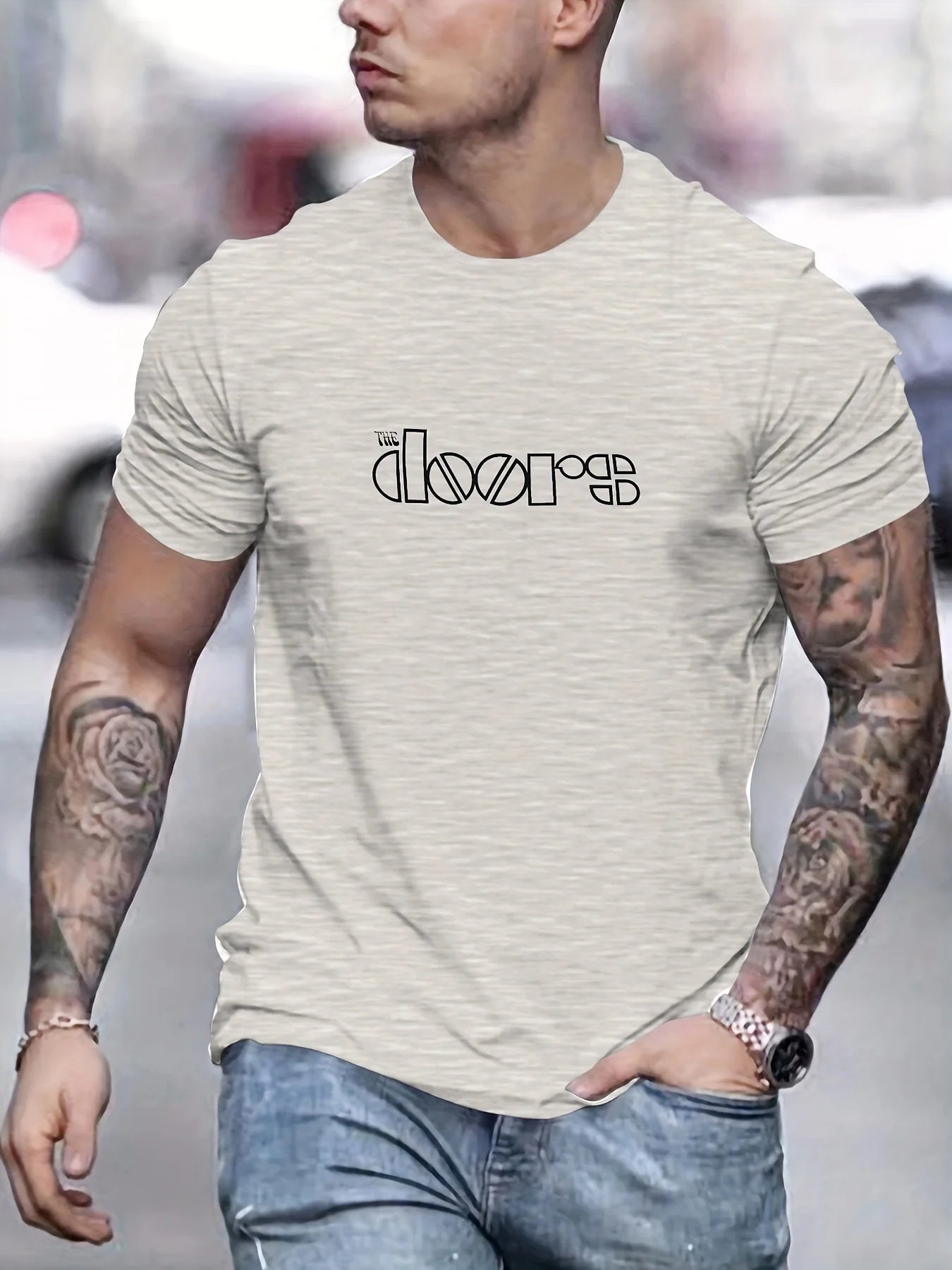 Men's Doors Printed Round Neck Short Sleeved T-shirt