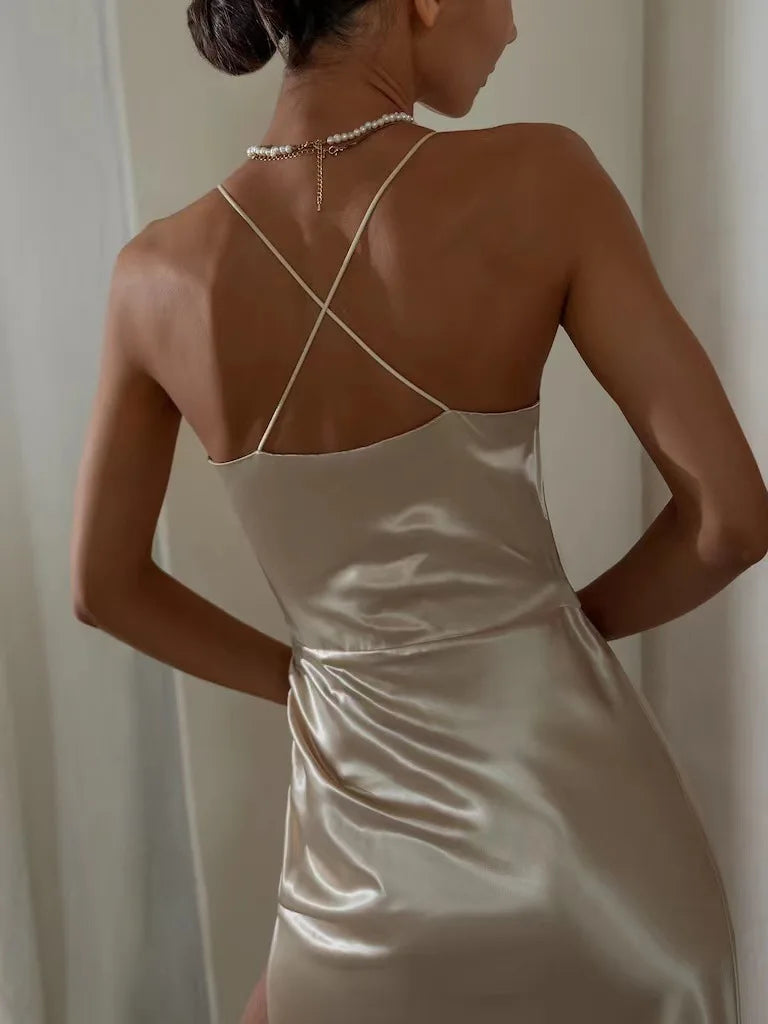 High Split Pleat Satin Formal Gown Dress