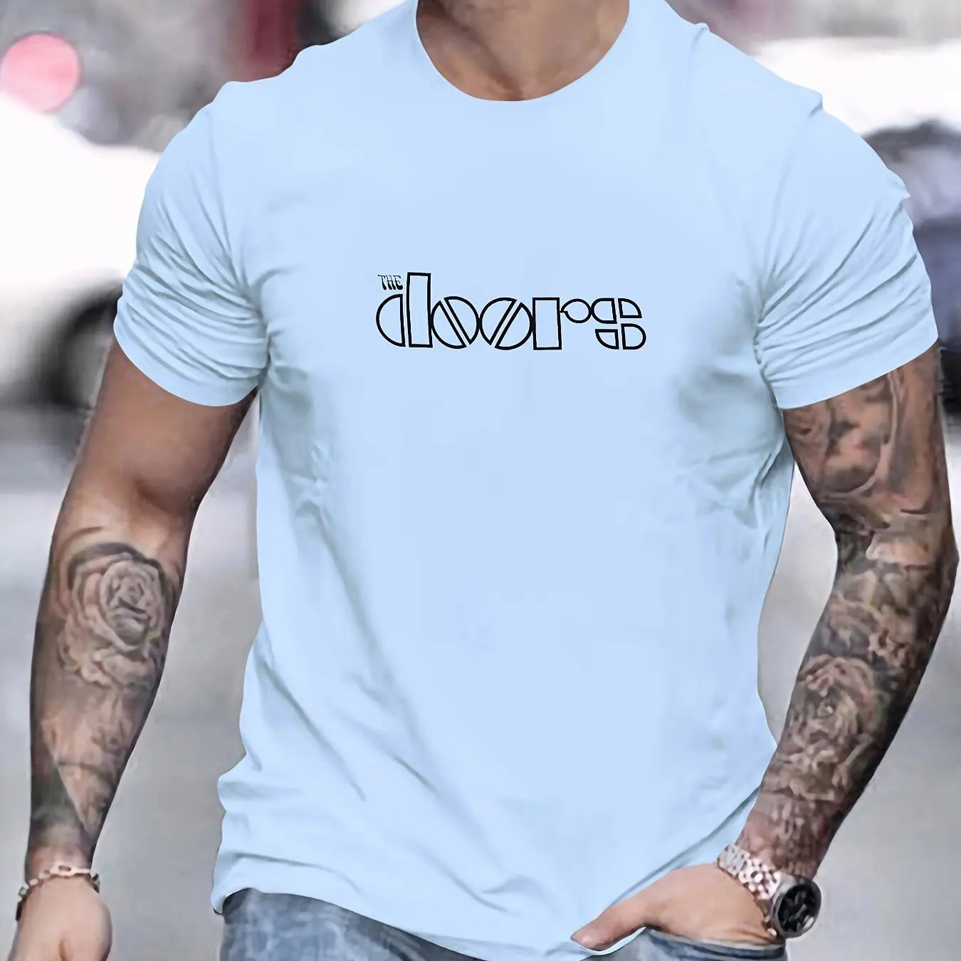 Men's Doors Printed Round Neck Short Sleeved T-shirt