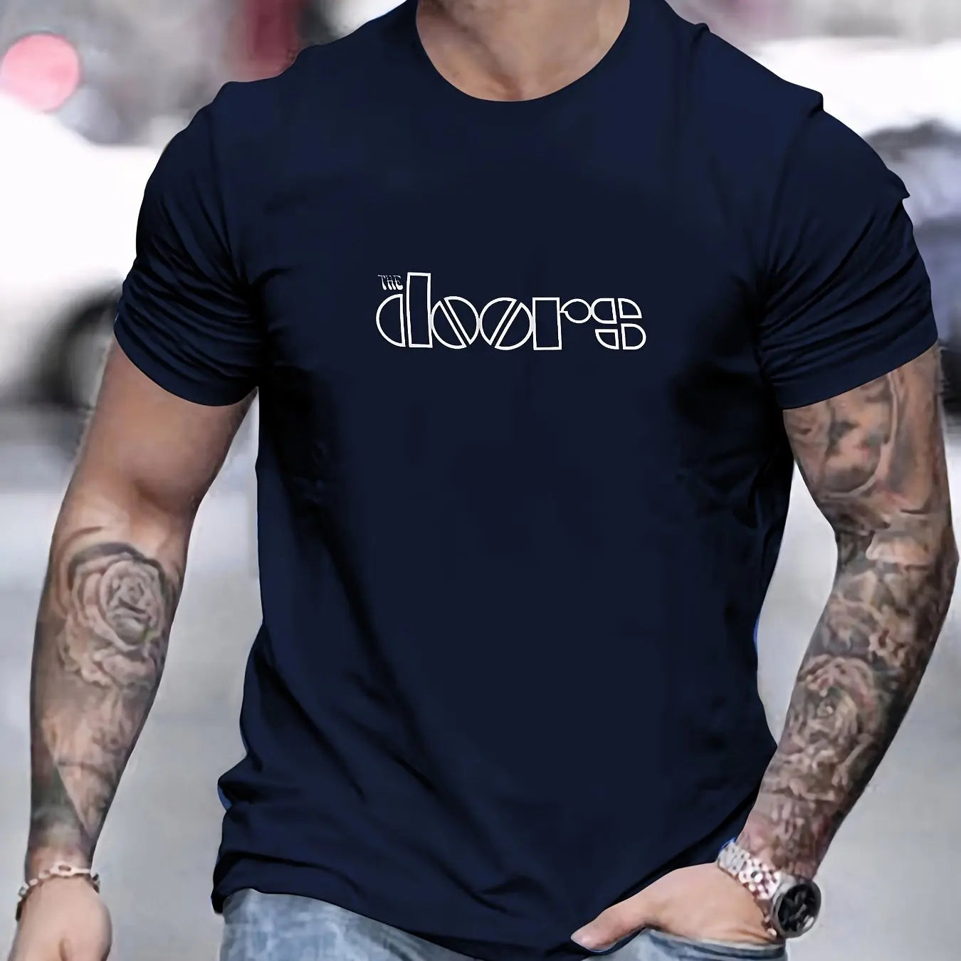 Men's Doors Printed Round Neck Short Sleeved T-shirt