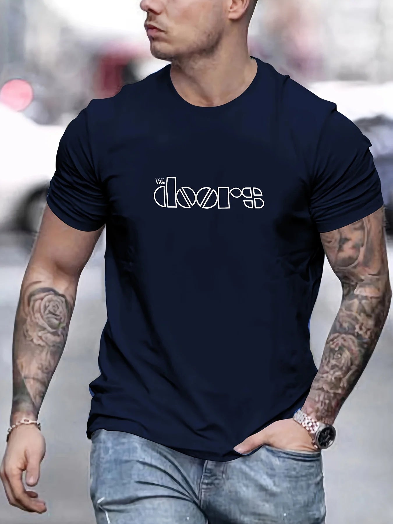 Men's Doors Printed Round Neck Short Sleeved T-shirt