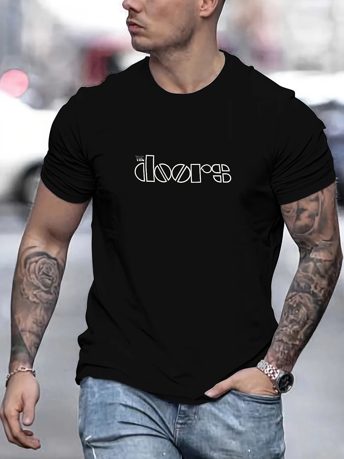 Men's Doors Printed Round Neck Short Sleeved T-shirt