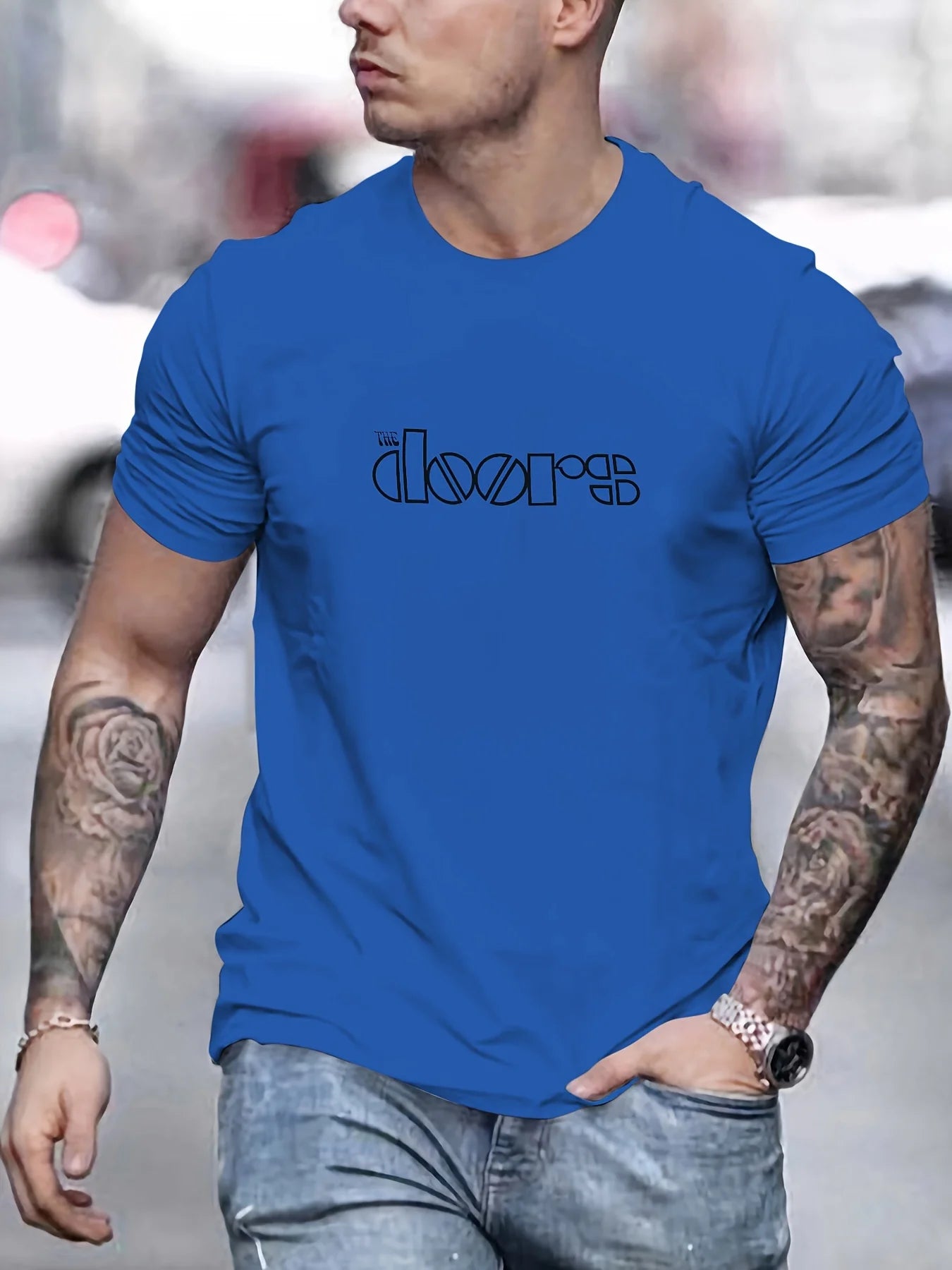 Men's Doors Printed Round Neck Short Sleeved T-shirt