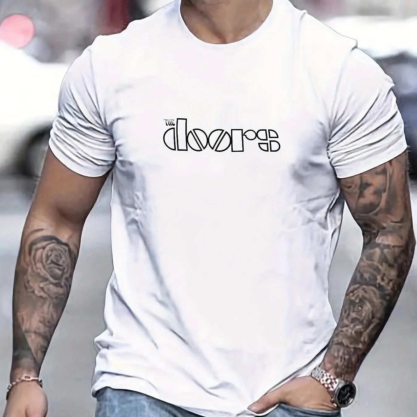 Men's Doors Printed Round Neck Short Sleeved T-shirt