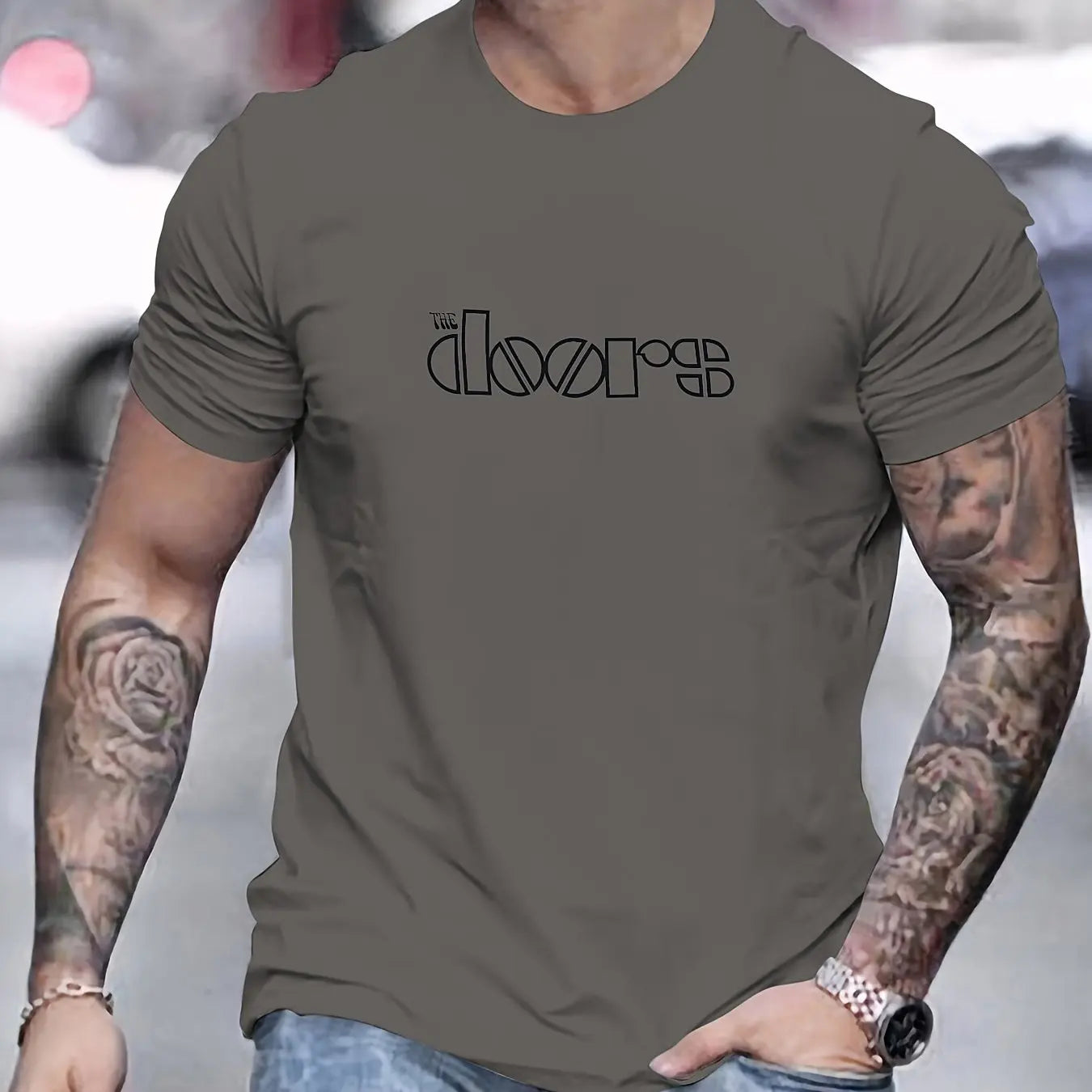 Men's Doors Printed Round Neck Short Sleeved T-shirt