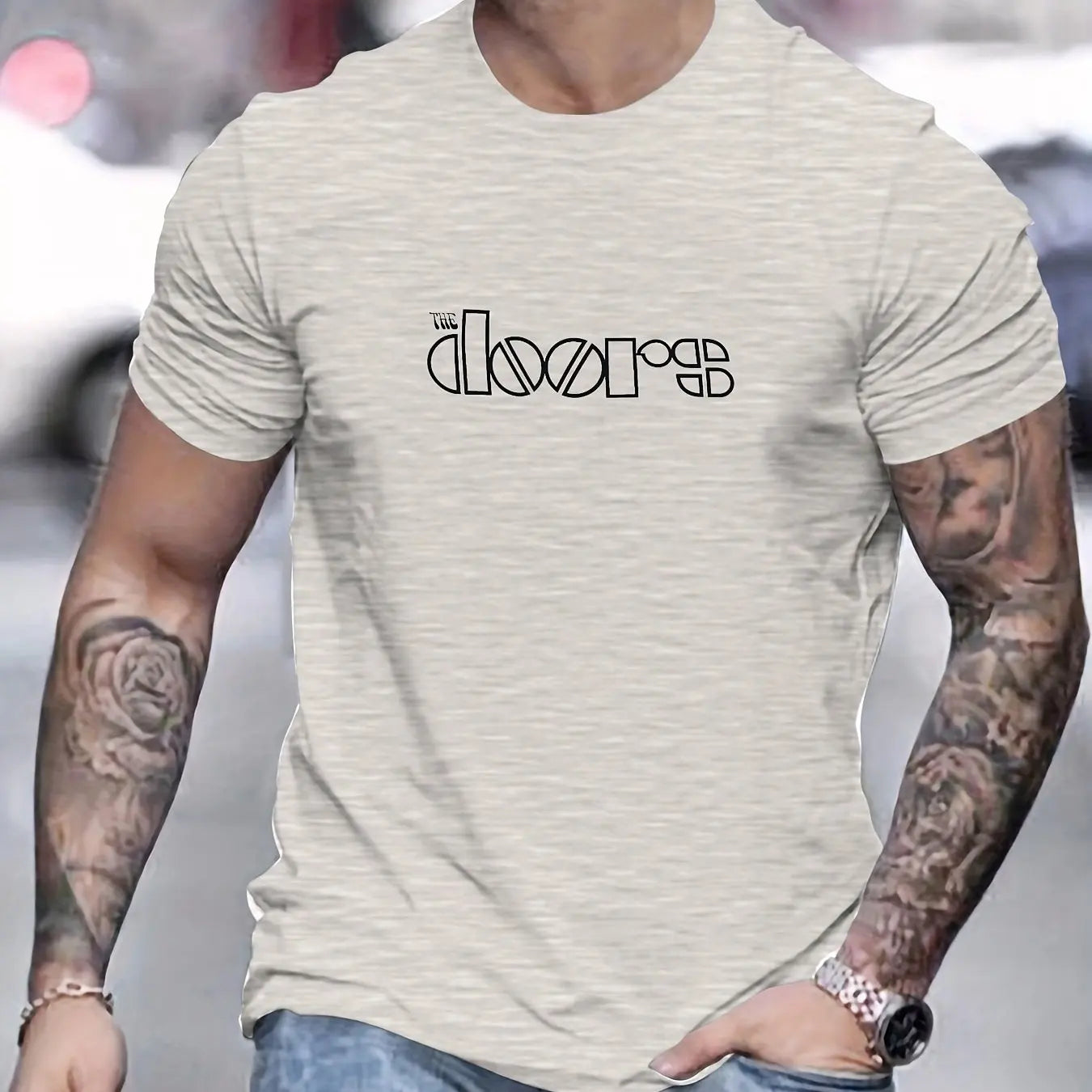 Men's Doors Printed Round Neck Short Sleeved T-shirt